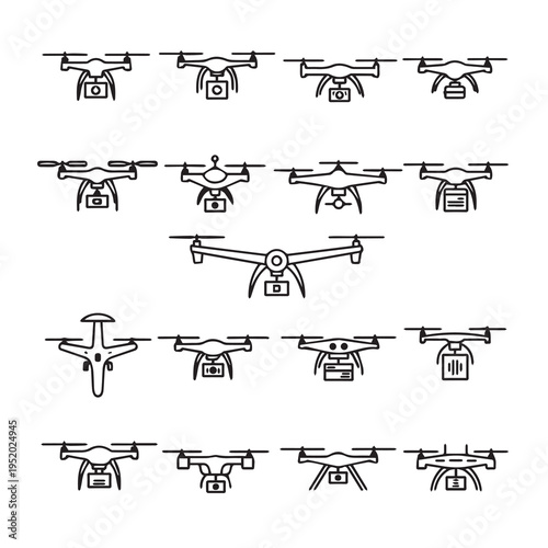 Collection of Drone Icons and Illustrations Aerial Vehicle Designs Technology Vector Graphics