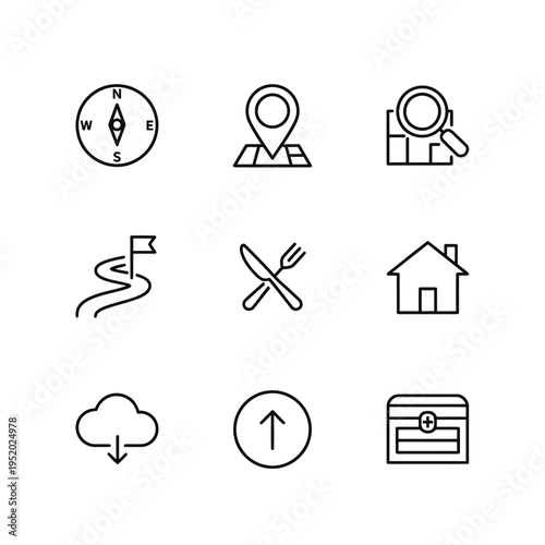 Set of nine minimalist line icons representing navigation and lifestyle elements.