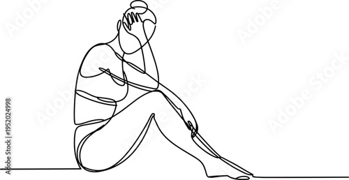 Sad woman sitting continuous line drawing, mental health stress emotion concept illustration isolated, cad drawing flat vector illustration