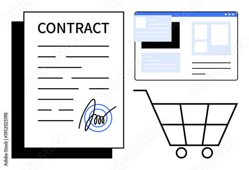 E-commerce, digital contracts, online shopping, website layout, business agreements, modern transactions. A contract document, web page layout and shopping cart icon. E-commerce and digital