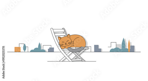 An orange cat with a grey tail is sleeping curled up on a white folding chair with a minimalist city skyline in the background.