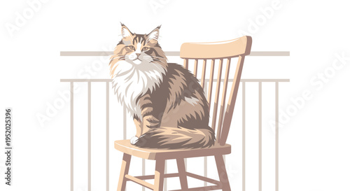 A fluffy brown and white cat sits elegantly on a light brown wooden chair, looking forward with a light railing in the background.