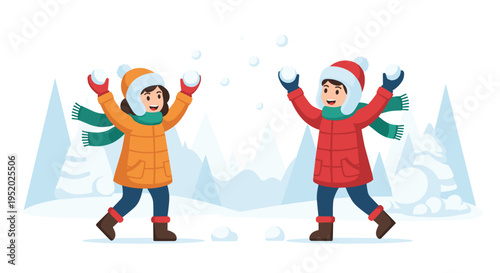 A boy and a girl in warm winter clothes are throwing snowballs in a snowy landscape with trees.