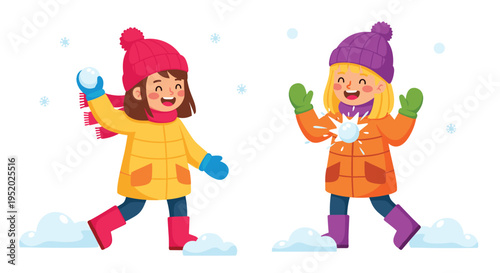 Two cheerful young girls in winter clothes are having a snowball fight with falling snow and snow on the ground.