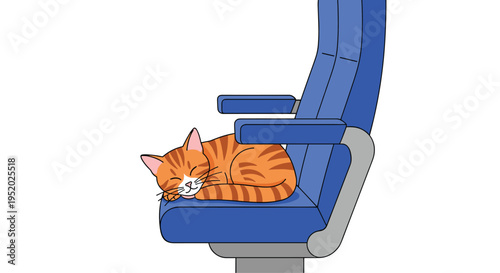 An orange tabby cat is sleeping peacefully curled up on a blue airplane seat against a white background.