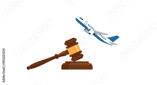 A wooden gavel is placed next to a blue passenger airplane taking off against a plain white background.