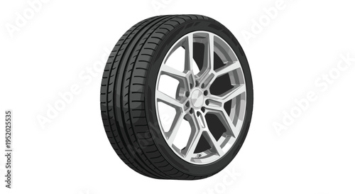 A car wheel with a dark tire and a shiny silver multi-spoke rim is shown from an angle on a white background.