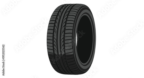 A dark car tire with prominent tread patterns is displayed from an angle on a plain white background.