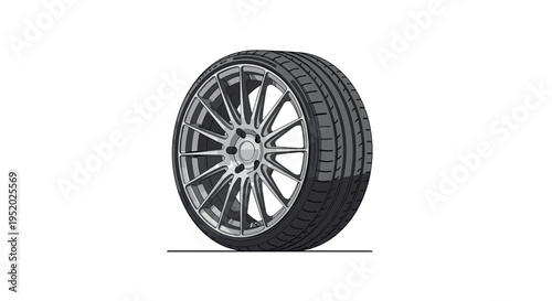 A single car wheel with a dark tire and silver multi-spoke rim is positioned at an angle on a white background.