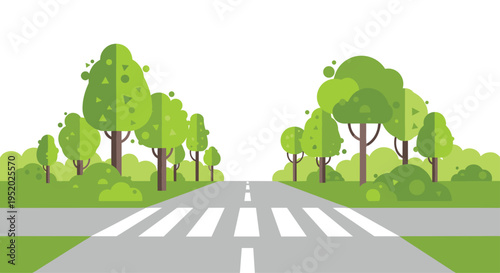 A straight grey road with a white crosswalk is flanked by green trees and bushes extending towards the horizon.