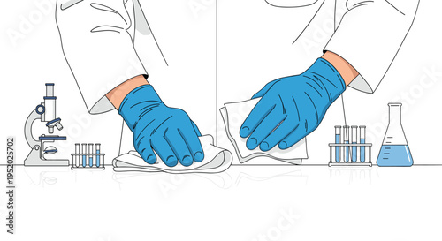 Two gloved hands in a lab coat are shown wiping a white laboratory bench with cloths, with lab equipment in the background.