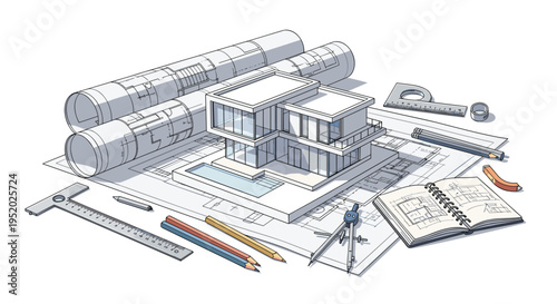 A modern house model sits on architectural blueprints surrounded by various drafting tools including rulers, pencils, and a compass.