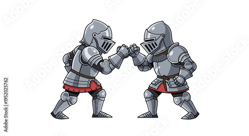 Two fully armored medieval knights arm wrestle in a flat cartoon illustration on a clean white background.