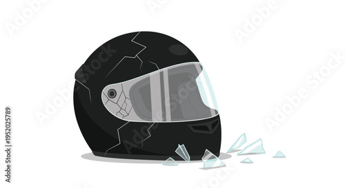 A black full-face motorcycle helmet with cracks and shattered glass pieces lies on a stark white background.