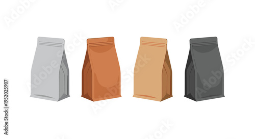 Four identical stand-up pouches in different colors are lined up horizontally on a white surface.