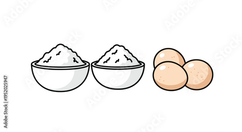 Two white bowls of flour and three brown eggs are neatly arranged on a plain white surface.