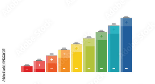 Eight distinct battery icons of increasing size and charge levels are arranged diagonally on a plain white background.