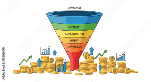 A detailed labeled sales funnel is surrounded by numerous stacks of golden coins, upward-trending bar graphs, and green arrows on a white background.
