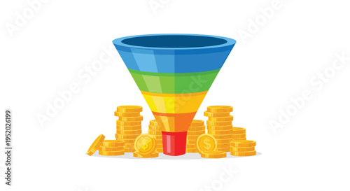 A vibrant segmented sales funnel is centrally positioned, surrounded by numerous scattered and stacked golden coins on a clean white background.