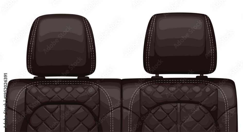 Naklejka premium Two dark brown car seats with quilted patterns and white stitching are shown from the front against a white background.