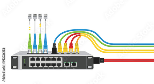 A gray network switch has multiple colorful fiber optic and Ethernet cables plugged into its front ports.