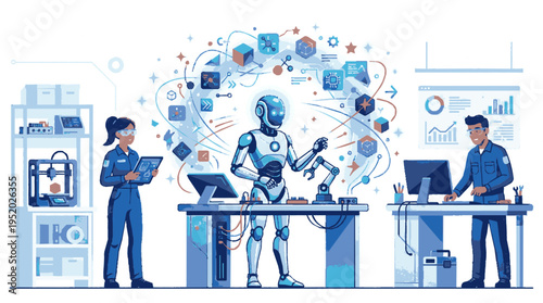 Futuristic innovation lab showcases advanced robotics and ai development with scientists collaborating on digital interfaces and 3d