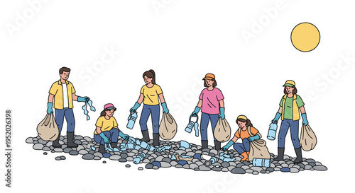 Six people, including children, collect plastic bottles and debris into beige bags on a rocky shore under a yellow sun.