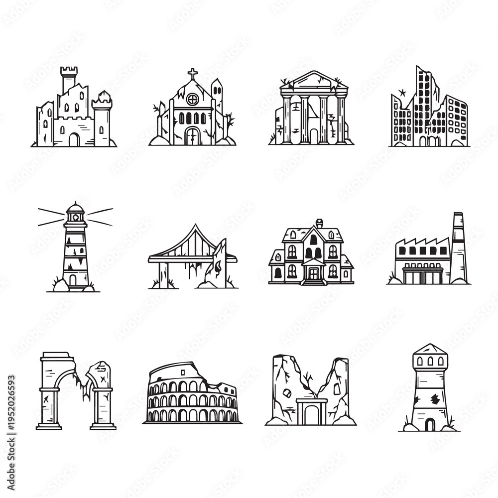 Naklejka premium Collection of Ruined Buildings and Structures Hand Drawn Icons Isolated