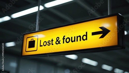 Yellow lost and found sign with suitcase icon and arrow. Important information for travelers at airport or train station. Directions for misplaced items.