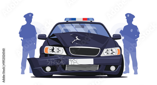 A dark blue police car with a damaged front bumper and hood is flanked by two silhouetted police officers.