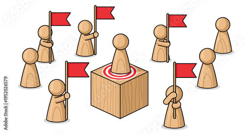 Nine wooden pawn-shaped figures, eight holding red flags, surround a central pawn on a wooden target block.