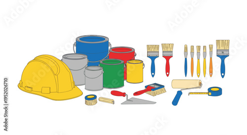 A yellow hard hat is placed next to an assortment of colorful paint cans and various painting tools, including brushes, a roller, a trowel, and a tape measure, arranged on a white background.