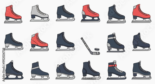 Collection of various ice skates of different colors, positioned next to a hockey stick and puck