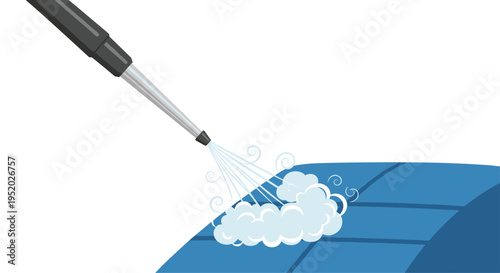 A pressure washer nozzle sprays water and steam onto a curved blue surface, creating white foam.