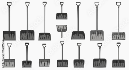 Snow shovel arrangement displayed in a row