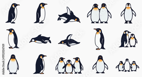 A collection of various penguin illustrations. The image displays a variety of poses and groupings of the penguins, offering a playful and captivating visual