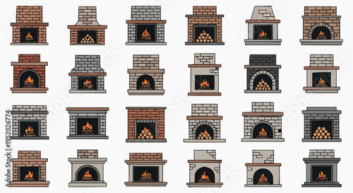 A collection of diverse fireplaces, each with its own unique design and glowing fire