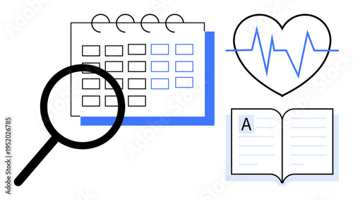 Time management, healthcare, academic study, research, goal tracking, productivity. Calendar with magnifying glass, heartbeat open book. Time management and healthcare