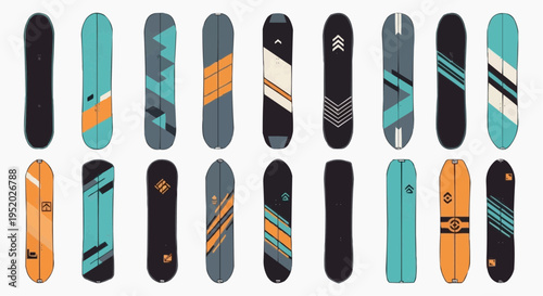 A collection of various styled snowboards aligned in rows. The boards showcase different designs, colors, and patterns, with a focus on winter sports equipment