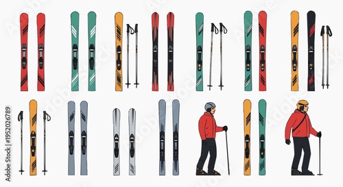 Colorful collection of ski equipment with skier illustrations, ready for the slopes. This illustration captures the essence of winter sports with skis, poles, and skier figures