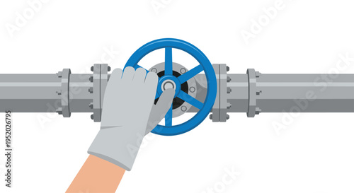 A gloved hand turns a blue handwheel on a grey pipe with bolted flanges against a white background.