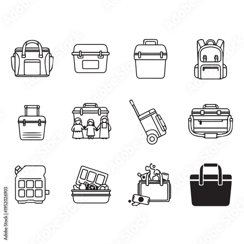 Collection of stylized luggage and bags including coolers backpacks and rolling suitcases