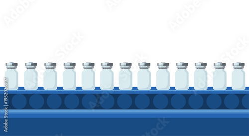 A long row of identical clear glass vials with silver caps travels smoothly on a wide, solid blue conveyor belt.