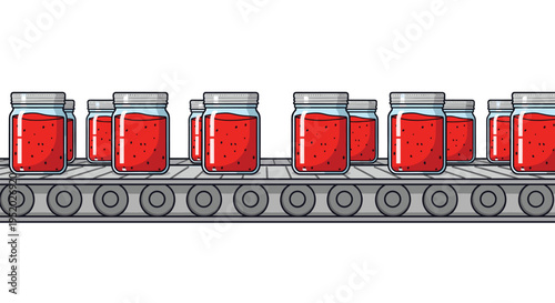 Multiple glass jars containing bright red jam move along a grey industrial conveyor belt with visible rollers on a white background.