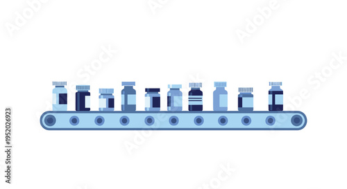 An assortment of blue and white medicine bottles of various shapes and sizes moves along a dark blue conveyor belt.