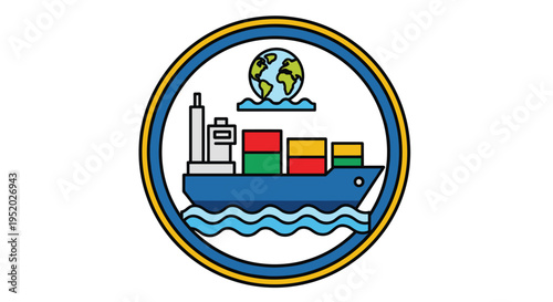 A blue cargo ship with colorful containers sails on waves below a globe, all contained within a circular blue and yellow emblem on white.