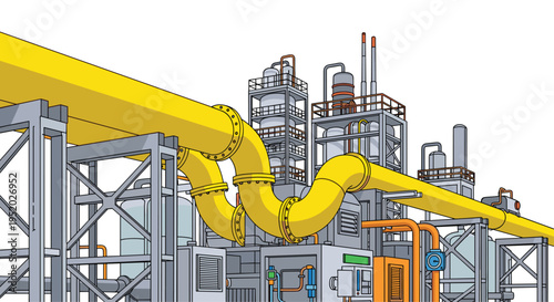 Large yellow pipelines with bolted flanges weave through a complex industrial facility composed of grey metal structures and various processing units.