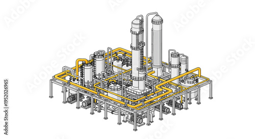 An isometric industrial plant features multiple grey processing towers and tanks interconnected by an extensive network of yellow pipelines on a white background.