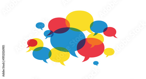 A vibrant collection of overlapping, translucent speech bubbles in red, blue, and yellow is arranged against a pristine white background.