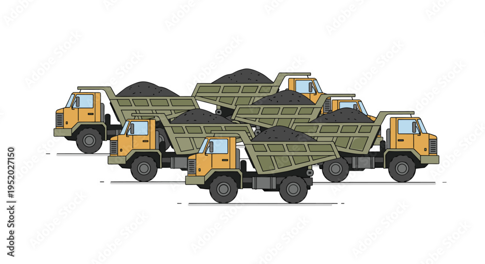 Obraz premium Five olive-green dump trucks, each filled with dark grey coal, are arranged in a staggered formation.